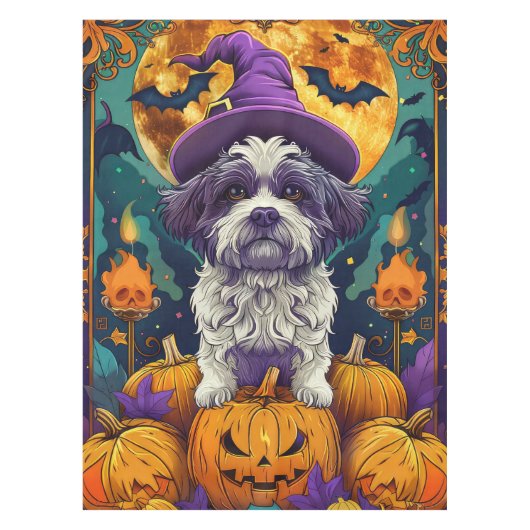 Spooky Shih Tzu Hond Halloween Heks en Pompoen Tafelkleed (Voorkant)
