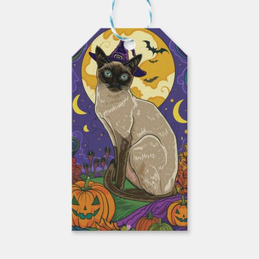 Spooky Siamese kat Halloween heks en pompoen Cadeaulabel (Voorkant)