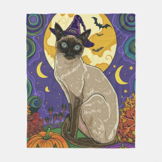 Spooky Siamese kat Halloween heks en pompoen Fleece Deken (Voorkant)