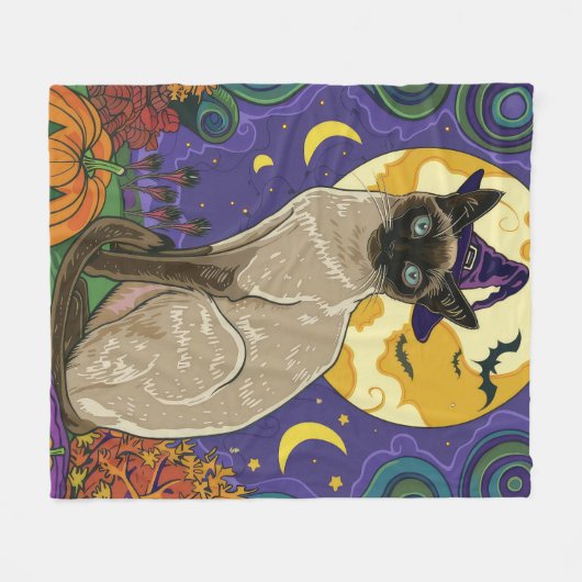 Spooky Siamese kat Halloween heks en pompoen Fleece Deken (Voorkant (Horizontaal))