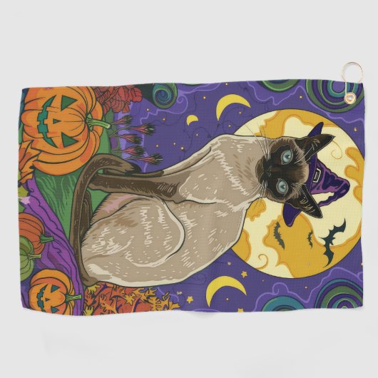 Spooky Siamese kat Halloween heks en pompoen Golfhanddoek (Horizontaal)