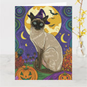 Spooky Siamese kat Halloween heks en pompoen Kaart (Gele Bloem)