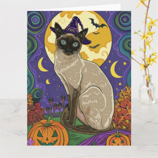 Spooky Siamese kat Halloween heks en pompoen Kaart (Gele Bloem)