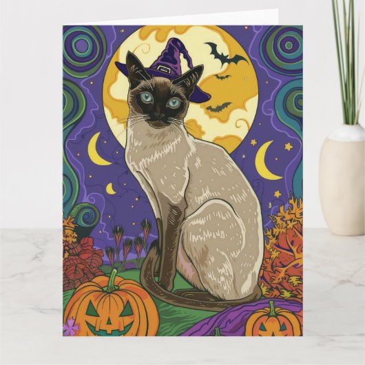 Spooky Siamese kat Halloween heks en pompoen Kaart (Voorkant)