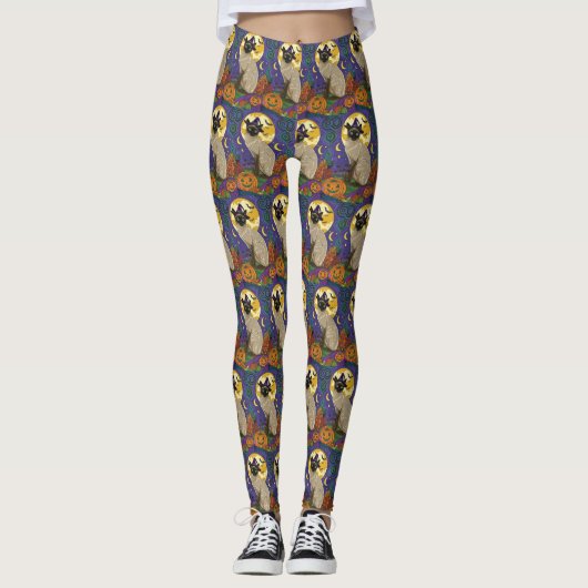 Spooky Siamese kat Halloween heks en pompoen Leggings (Voorkant)