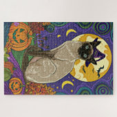 Spooky Siamese kat Halloween heks en pompoen Legpuzzel (Horizontaal)