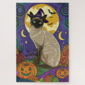 Spooky Siamese kat Halloween heks en pompoen Legpuzzel (Verticaal)