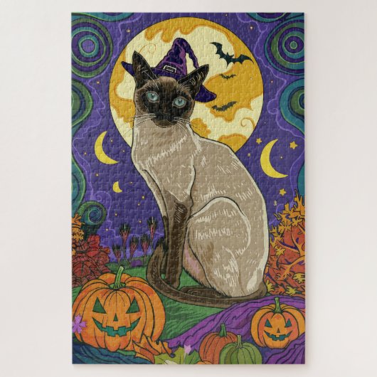 Spooky Siamese kat Halloween heks en pompoen Legpuzzel (Verticaal)