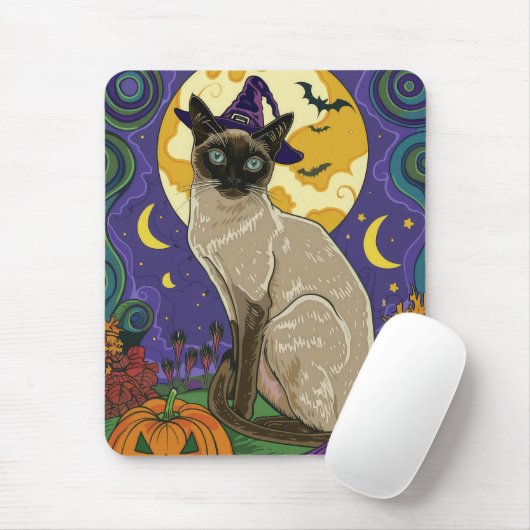 Spooky Siamese kat Halloween heks en pompoen Muismat (Met muis)