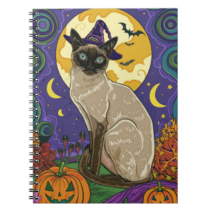 Spooky Siamese kat Halloween heks en pompoen Notitieboek