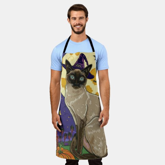 Spooky Siamese kat Halloween heks en pompoen Schort (Gedragen)