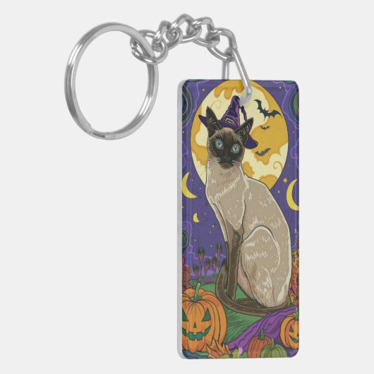 Spooky Siamese kat Halloween heks en pompoen Sleutelhanger (Voorkant Links)