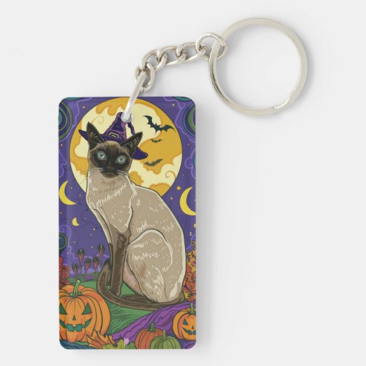 Spooky Siamese kat Halloween heks en pompoen Sleutelhanger (achterkant)