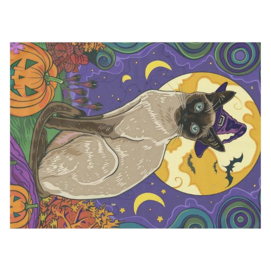 Spooky Siamese kat Halloween heks en pompoen Tafelkleed (Voorkant (Horizontaal))