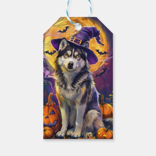 Spooky Siberische Husky Hond Halloween Heksenpompo Cadeaulabel (Voorkant)