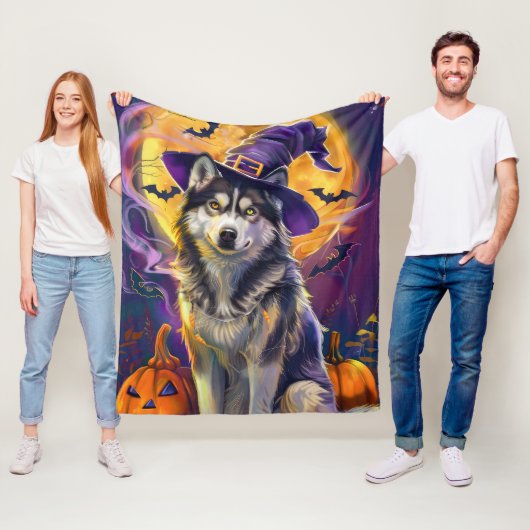 Spooky Siberische Husky Hond Halloween Heksenpompo Fleece Deken (In situ)