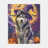 Spooky Siberische Husky Hond Halloween Heksenpompo Fleece Deken (Voorkant)