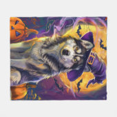 Spooky Siberische Husky Hond Halloween Heksenpompo Fleece Deken (Voorkant (Horizontaal))