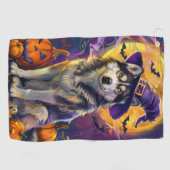 Spooky Siberische Husky Hond Halloween Heksenpompo Golfhanddoek (Horizontaal)