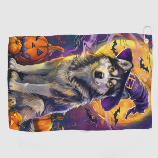 Spooky Siberische Husky Hond Halloween Heksenpompo Golfhanddoek (Horizontaal)