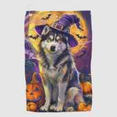 Spooky Siberische Husky Hond Halloween Heksenpompo Golfhanddoek (Voorkant)