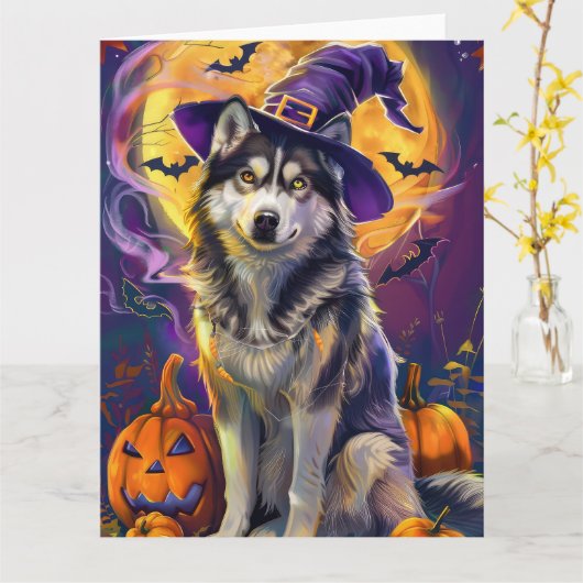 Spooky Siberische Husky Hond Halloween Heksenpompo Kaart (Gele Bloem)