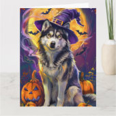Spooky Siberische Husky Hond Halloween Heksenpompo Kaart (Voorkant)