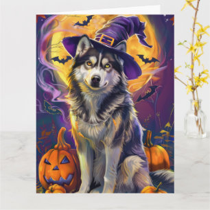 Spooky Siberische Husky Hond Halloween Heksenpompo Kaart