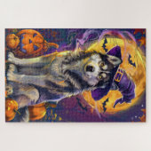 Spooky Siberische Husky Hond Halloween Heksenpompo Legpuzzel (Horizontaal)