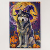 Spooky Siberische Husky Hond Halloween Heksenpompo Legpuzzel (Verticaal)