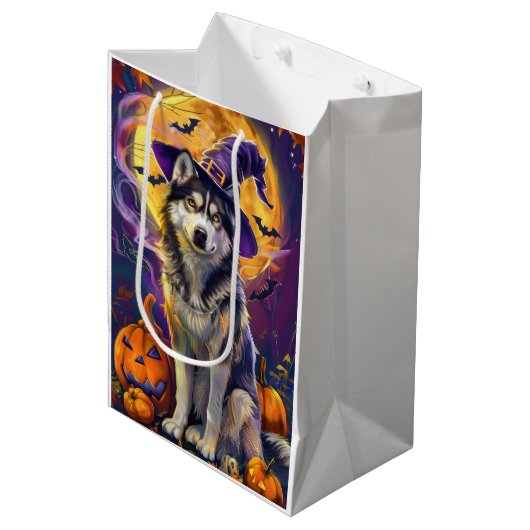 Spooky Siberische Husky Hond Halloween Heksenpompo Medium Cadeauzakje (Voorkant Gekanteld)
