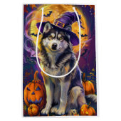Spooky Siberische Husky Hond Halloween Heksenpompo Medium Cadeauzakje (Voorkant)