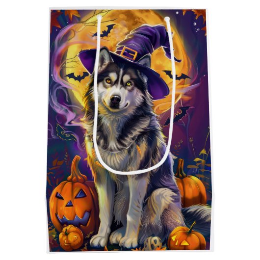 Spooky Siberische Husky Hond Halloween Heksenpompo Medium Cadeauzakje (Achterkant)