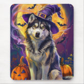 Spooky Siberische Husky Hond Halloween Heksenpompo Muismat (Voorkant)
