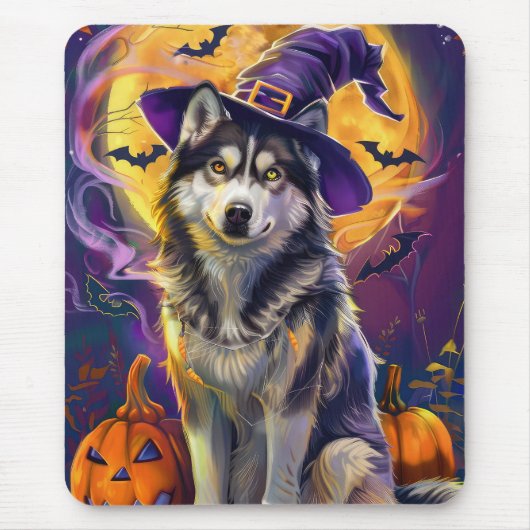 Spooky Siberische Husky Hond Halloween Heksenpompo Muismat (Voorkant)