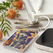 Spooky Siberische Husky Hond Halloween Heksenpompo Sleutelhanger (Voorkant Rechts)