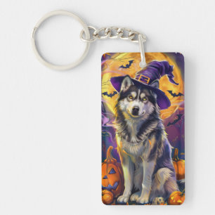 Spooky Siberische Husky Hond Halloween Heksenpompo Sleutelhanger