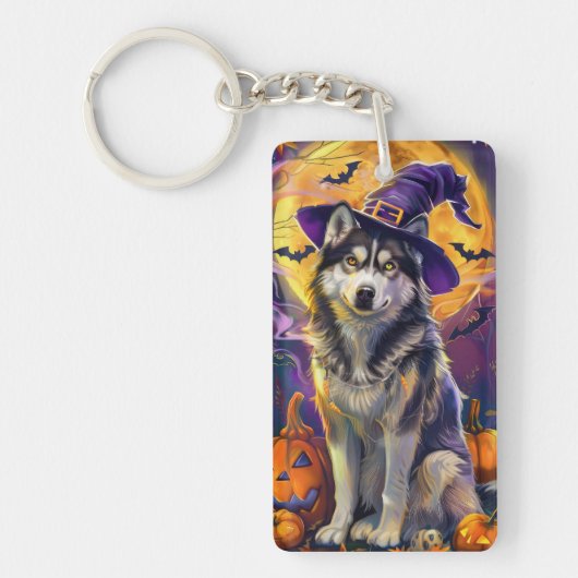 Spooky Siberische Husky Hond Halloween Heksenpompo Sleutelhanger (Voorkant)