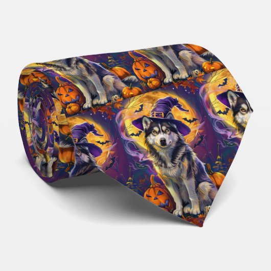 Spooky Siberische Husky Hond Halloween Heksenpompo Stropdas (Opgerold)