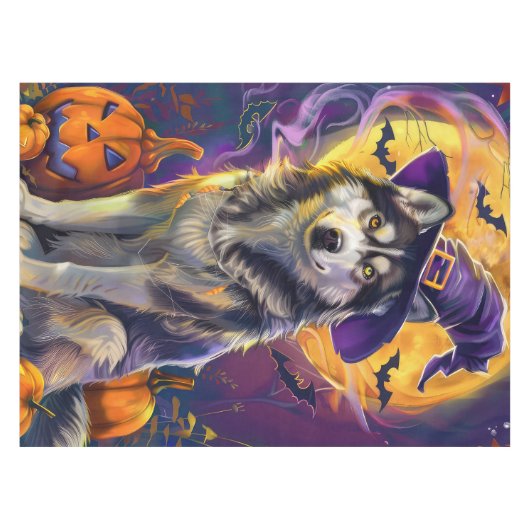 Spooky Siberische Husky Hond Halloween Heksenpompo Tafelkleed (Voorkant (Horizontaal))