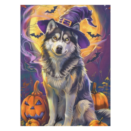 Spooky Siberische Husky Hond Halloween Heksenpompo Tafelkleed (Voorkant)