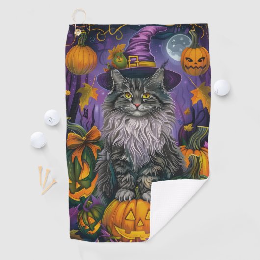 Spooky Siberische kat Halloween heks en pompoen Golfhanddoek (Insitu)