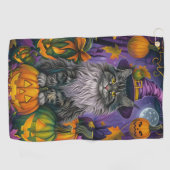 Spooky Siberische kat Halloween heks en pompoen Golfhanddoek (Horizontaal)