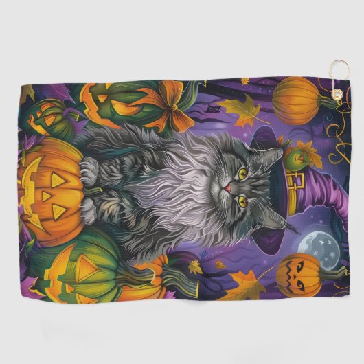 Spooky Siberische kat Halloween heks en pompoen Golfhanddoek (Horizontaal)