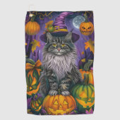 Spooky Siberische kat Halloween heks en pompoen Golfhanddoek (Voorkant)