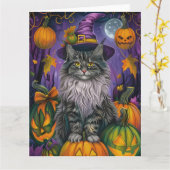 Spooky Siberische kat Halloween heks en pompoen Kaart (Gele Bloem)