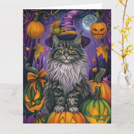Spooky Siberische kat Halloween heks en pompoen Kaart (Gele Bloem)