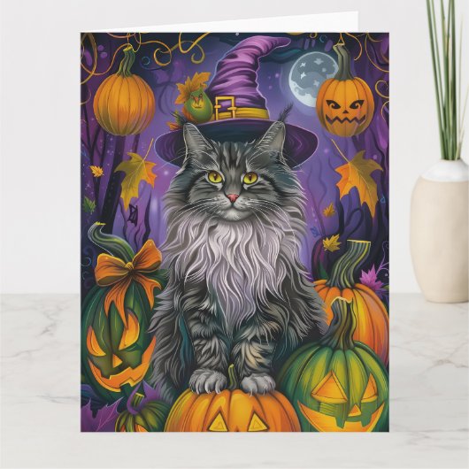 Spooky Siberische kat Halloween heks en pompoen Kaart (Voorkant)