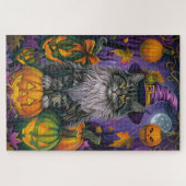 Spooky Siberische kat Halloween heks en pompoen Legpuzzel (Horizontaal)