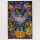 Spooky Siberische kat Halloween heks en pompoen Legpuzzel (Verticaal)